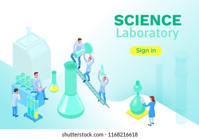 Isometric laboratory concept, landing page template with 3d equi