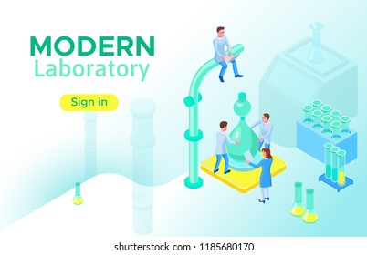 Isometric laboratory concept, landing page template with 3d equipment, scientists doing experiment and research, modern pharmaceutical lab vector illustration