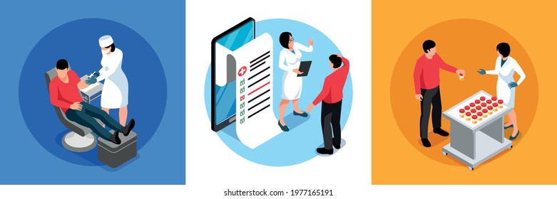 Isometric laboratory diagnostic design concept with three compositions of patients and medical specialists performing various tests vector illustration