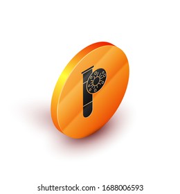 Isometric Laboratory glass test tube with virus and bacteria icon isolated on white background. Analysis microorganism, research, diagnosis. Orange circle button. Vector Illustration