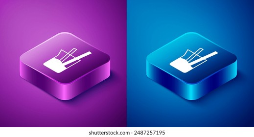 Isometric Laboratory glassware or beaker icon isolated on blue and purple background. Square button. Vector