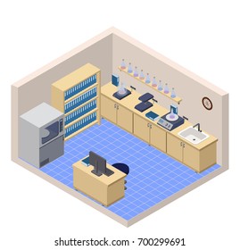 Isometric laboratory including test cabin and test equipments together with office furniture, files and computer