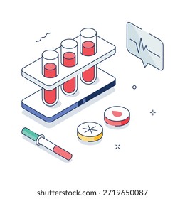Interfaz isométrica de laboratorio que muestra tubos de análisis de sangre y resultados médicos digitales.