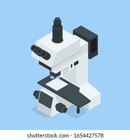 Isometric Laboratory lens of Microscope Isolated on white. Scientific and healthcare laboratory, microscope for chemistry biology test samples, examining liquid, Medical equipment