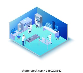 Isometric laboratory making experiment and researching 2019-nCoV Coronavirus, equipment, 3d machines, scientists in protective suit and face medical mask, microscope, modern lab vector illustration