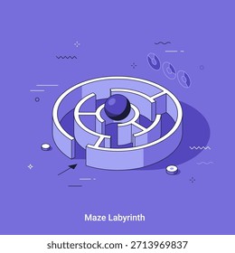 Labirinto isométrico com uma bola no centro. Solução de problemas e conceito de desafio de negócios. Ilustração de vetor de linha fina para negócios e finanças.