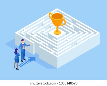 Isometric labyrinth business concept. Business team looking for solution in a maze. Challenge.