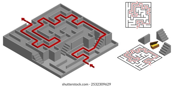 Isometric labyrinth inside the two-storeyed grey castle or fortress. 3d Maze with enter and exit with solution. Logic riddle.