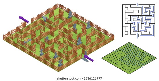 Isometrisches Labyrinth auf dem alten Friedhof mit Zaunmauern, Gräbern und Toren. 3d Labyrinth mit Ein- und Ausstieg mit Lösung. Logik-Rätsel.
