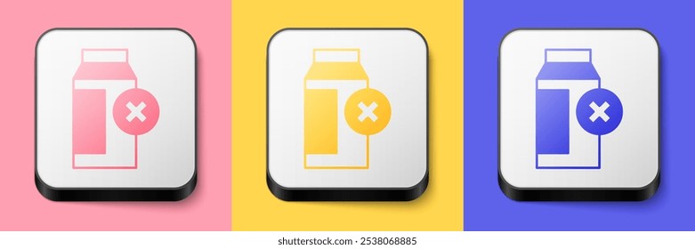 Isometric Lactose intolerance icon isolated on pink, yellow and blue background. Not allow milk. Allergy concept, lactose intolerance allergy warning sign. Square button. Vector