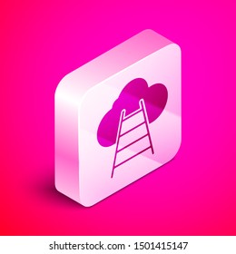Isometric Ladder leading to cloud icon isolated on pink background. Stairs leading to the cloud. Silver square button. Vector Illustration