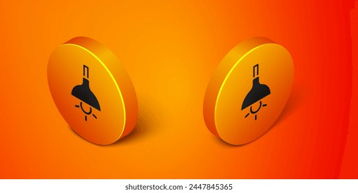 Icono colgante de lámpara isométrica aislado sobre fondo naranja. Lámpara de techo. Botón de círculo naranja. Vector