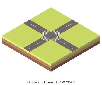 Isometric land plot with crossroad in green field. Square block of soil with different dirt layers. Road markings, pedestrian crossing. Vector illustration isolated on white background