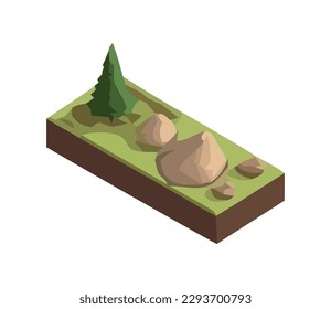 Isometric land with rocks and pine tree