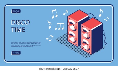 Isometric landing page, advertising DJ party equipment promotion banner, listening of melodies. Musical speakers for playing disco music. Isometric vector linear banner top view