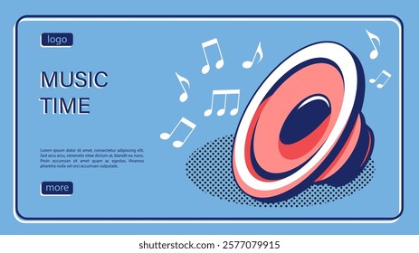 Isometric landing page, advertising professional music equipment promotion banner, listening of melodies. Music speakers with notes flying out. Isometric vector linear banner top view