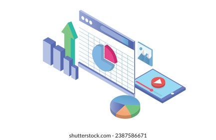 Isometric Landing page concept.excel program analysis.on white background.3D design.isometric vector design Illustration.