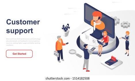 Isometric landing page customer support or service flat concept. Digital user support at any time for website or homepage. Isometric vector illustration template.