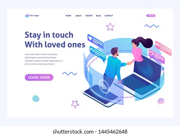 Isometric landing page design concept on the theme stay always in touch with your loved ones. For advertising concepts and web design development