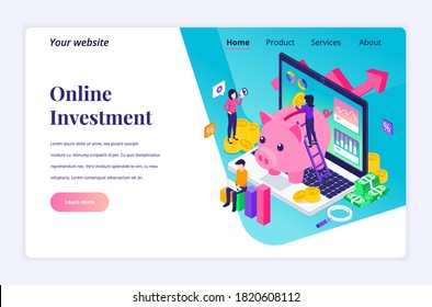 Isometric landing page design concept of Business Investment. People putting coin money into a piggy bank, profit income with financial graph and chart. vector illustration