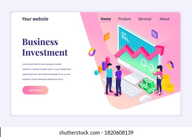 Isometric landing page design concept of Business Investment. Two businessmen shaking hands in agreement on investment in their business. vector illustration