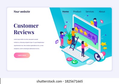 Isometric landing page design concept of Customer reviews concept, People giving five stars rating and review, positive feedback. Customer Service and User Experience. vector illustration