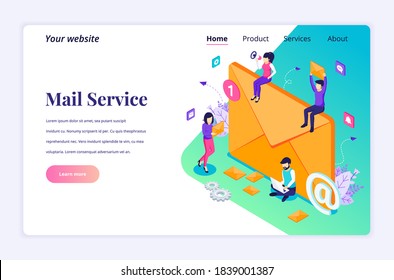 Concepto isométrico de diseño de página de inicio de email marketing, servicios de correo con caracteres. ilustración vectorial