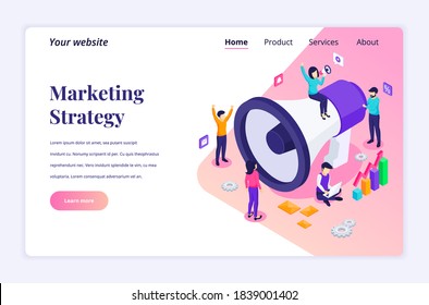 Isometric landing page design concept of Marketing strategy campaign, people holding and shout on the giant megaphone for promotion and sales program. vector illustration