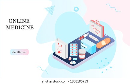 Isometric landing page design template for Online Pharmacy, Online Medicine, Medical Service and Healthcare Insurance. Flat isometric vector illustration for backgrounds, infographics, web banners.