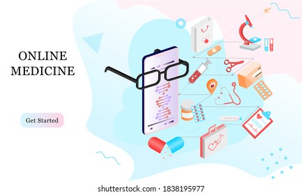 Isometric landing page design template for Online Pharmacy, Online Medicine, Medical Service and Healthcare Insurance. Flat isometric vector illustration for backgrounds, infographics, web banners.