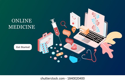 Plantilla de diseño de página de inicio isométrica para Farmacia Online, Medicina Online, Servicio Médico y Seguro de Salud. Ilustración vectorial isométrica plana para fondos, infografías, banners web.