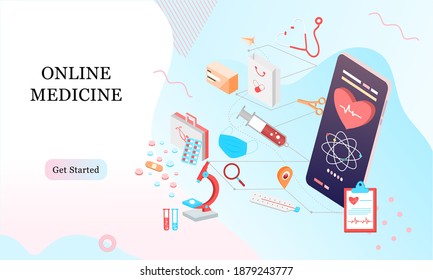 Plantilla de diseño de página de inicio isométrica para Farmacia Online, Medicina Online, Servicio Médico y Seguro de Salud. Ilustración vectorial isométrica plana para fondos, infografías, banners web.