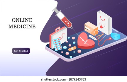 Plantilla de diseño de página de inicio isométrica para Farmacia Online, Medicina Online, Servicio Médico y Seguro de Salud. Ilustración vectorial isométrica plana para fondos, infografías, banners web.