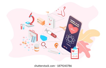 Isometric landing page design template for Online Pharmacy, Online Medicine, Medical Service and Healthcare Insurance. Flat isometric vector illustration for backgrounds, infographics, web banners.