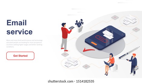 Isometric landing page email service or mobile app flat concept. Webmail or mobile app to send letters for website or homepage. Isometric vector illustration template.