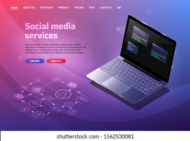Isometric landing page email service or mobile app concept. Isometric vector illustration template. Business analysis, content strategy and management concept.