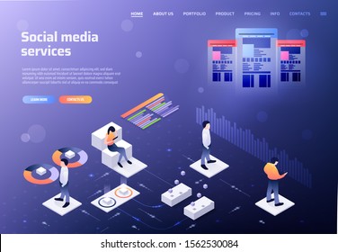 Isometric landing page email service or mobile app concept. Isometric vector illustration template. Business analysis, content strategy and management concept.
