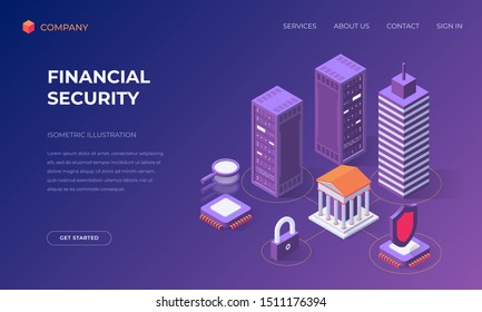 Isometric landing page for financial security, banking and market research, vector illustration