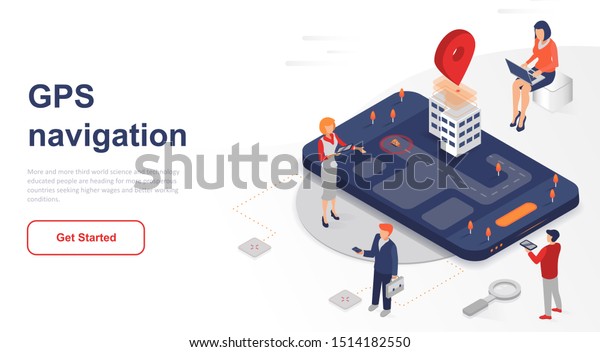 Isometric landing\
page GPS navigation or support flat concept. Satellite transport\
navigation and tracking system for website or homepage. Isometric\
vector illustration\
template.