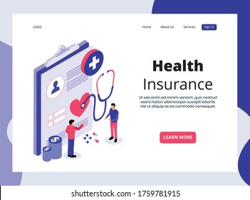 Isometric Landing Page Of Health Insurance