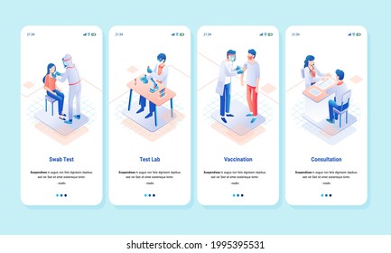 isometric landing page illustration for laboratory swab testing, vaccine administration and testing and health consultations. used for website image, landing page illustration and other