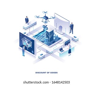 Página de inicio isométrica para descuentos o ventas de tienda por Internet, venta digital, compras electrónicas. Concepto con gente pequeña comprando en línea buenos usando pantallas gigantes. Ilustración vectorial para el sitio web.