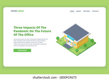 Isometric landing page office building web banner vector illustration
