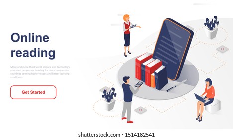Isometric landing page online reading or e-book flat concept. Online education or distance training and learning process for website or homepage. Isometric vector illustration template.