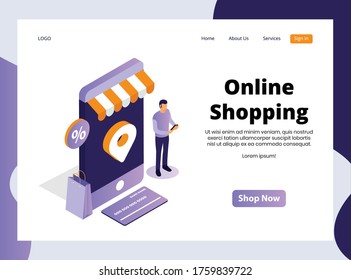 Isometric Landing page of Online Shopping