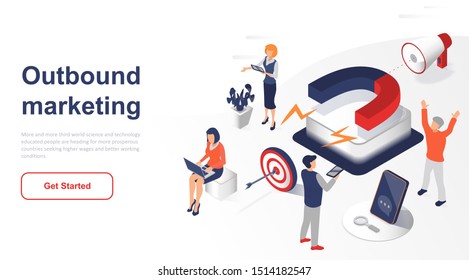 Isometric landing page outbound marketing or advertising flat concept. Digital marketing for business sales analysis for website or homepage. Isometric vector illustration template.
