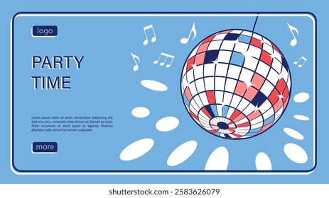 Isometric landing page, party advertising promotion banner. Swinging mirror disco ball with shiny spotlight flashes and colorful mirror cells. Isometric vector linear banner top view