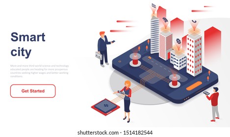 Isometric landing page smart city or intelligent flat concept. Building automation with computer networking for website or homepage. Isometric vector illustration template.