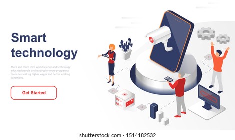 Isometric landing page smart technology or network flat concept. Internet data synchronization wireless technology for website or homepage. Isometric vector illustration template.