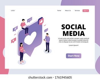 Isometric Landing Page of Social Media Marketing